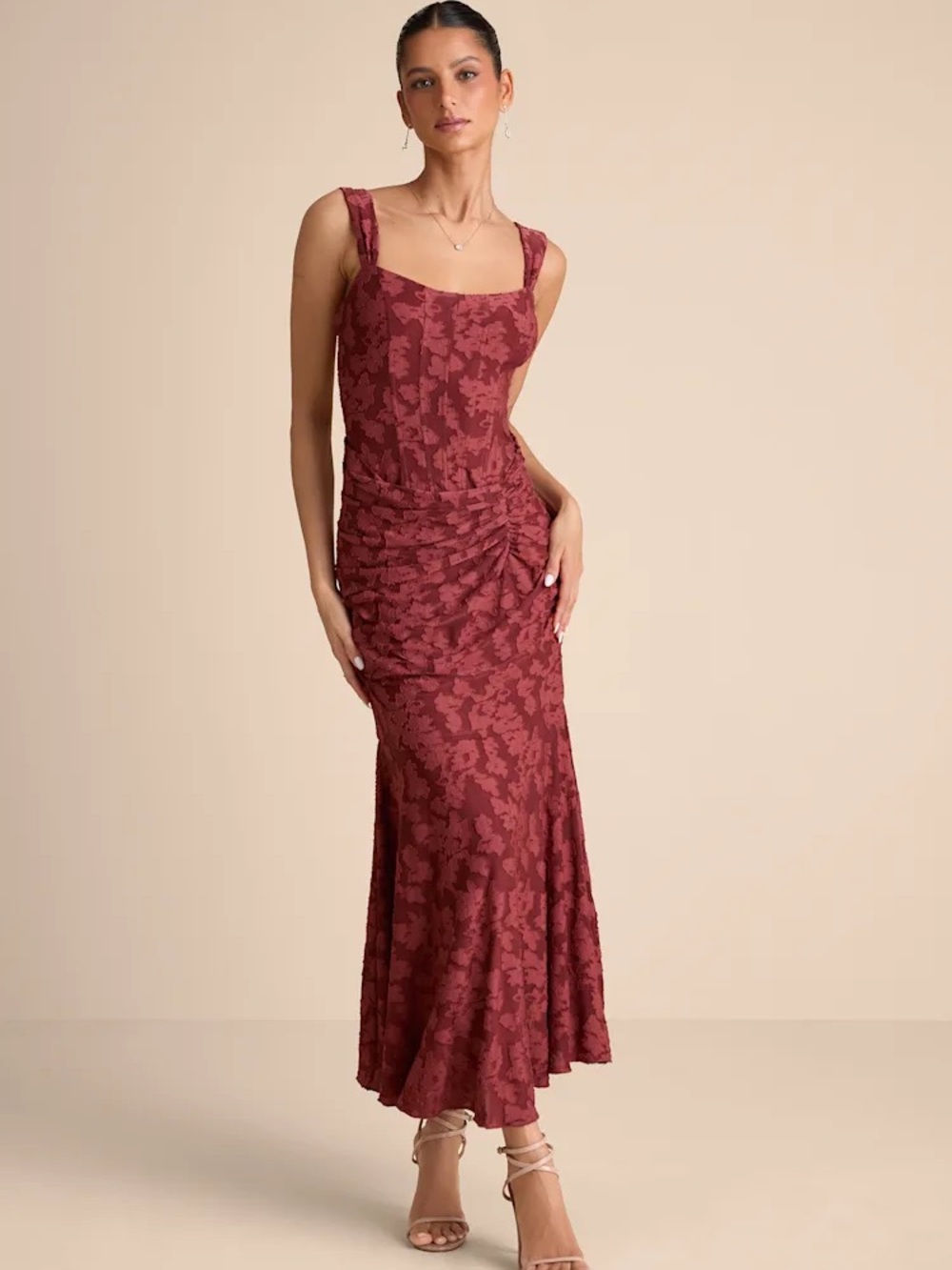 Lulus Celeste Rust Red Floral Burnout Bustier Maxi Dress